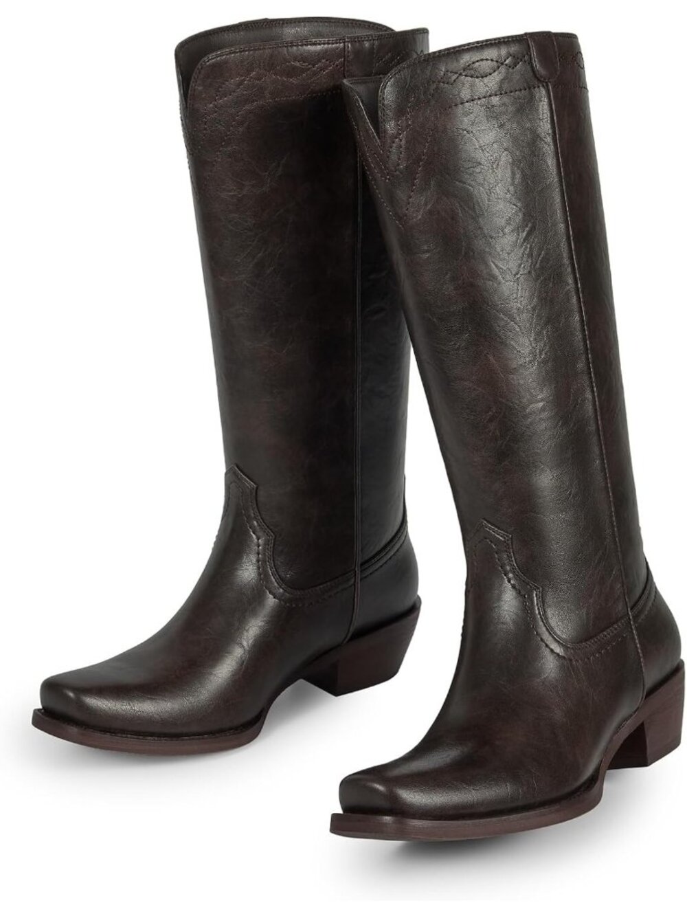 Women's Coffee Faux Leather Knee High Square Toe Chunky Block Low Heel Vintage - Picture 5 of 6